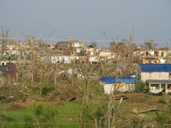 broken trees and debris after a tornado